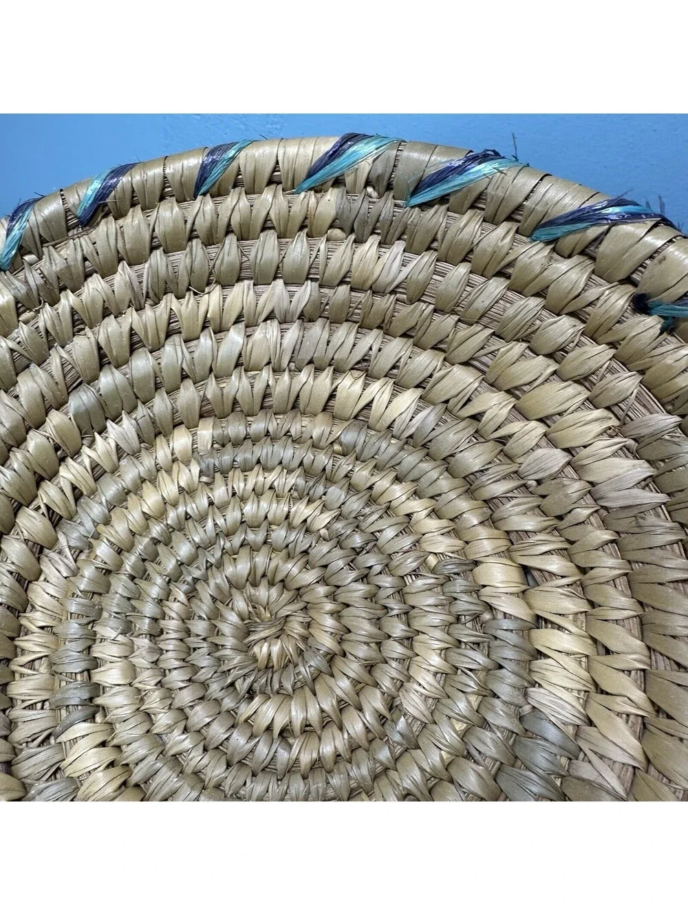 Vintage Round Coiled Grass Basket Hand Woven Decorative Bowl Boho Wall Decor